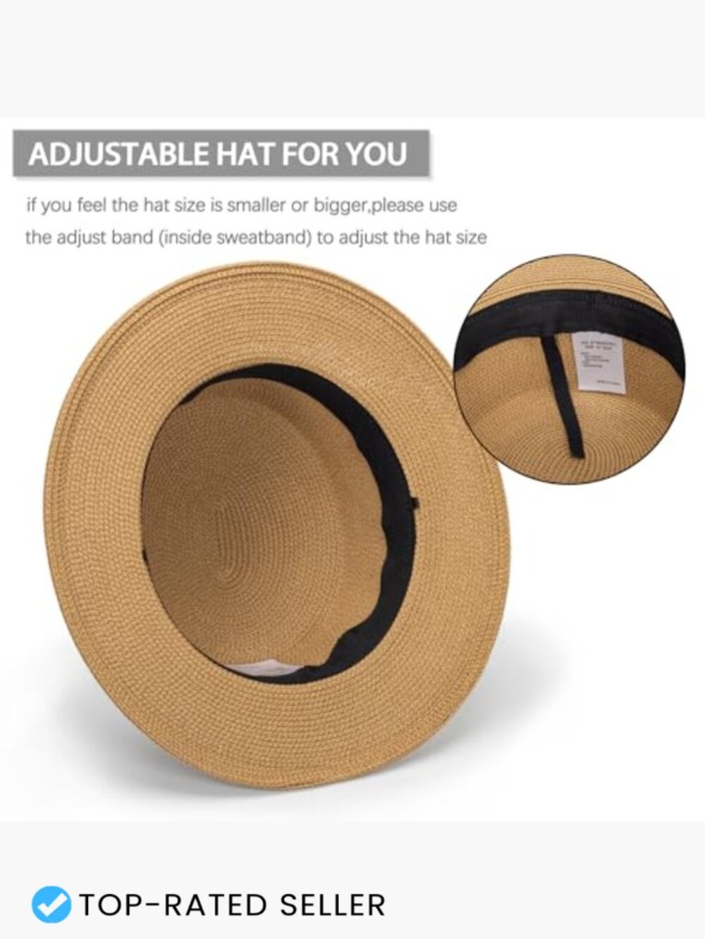 Straw Boater Summer Sun Hat - Wide Brim Fedora Panama Beach Hat Adjustable - Picture 6 of 7